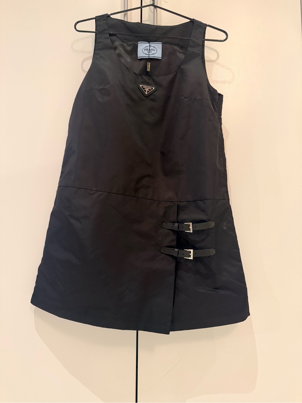 Prada Black Nylon Sleeveless Mini Dress with Triangle Logo and Buckle Straps